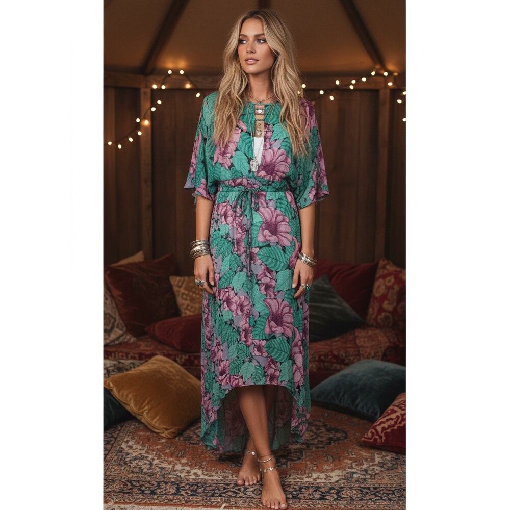 Leifnotes Sheer Floral Asymmetrical Maxi Dress